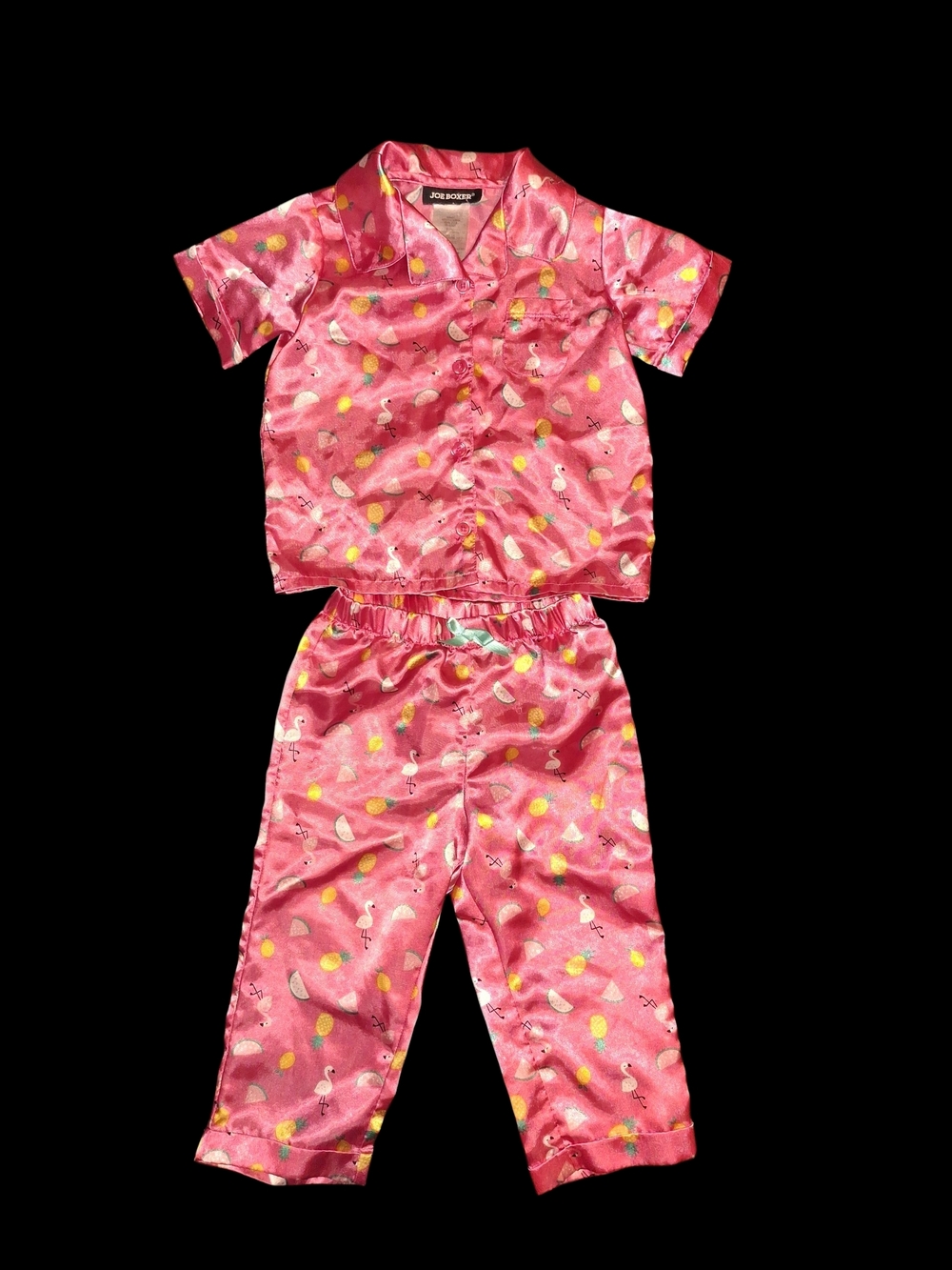 Joe Boxer Hot Pink Flamingo & Fruit Satin Pajama Set